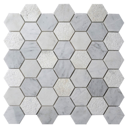 White 12x12 Polished Etched Hexagon Marble Mosaic Tile (5 pack, 4.92 sq ft/case) - Sample