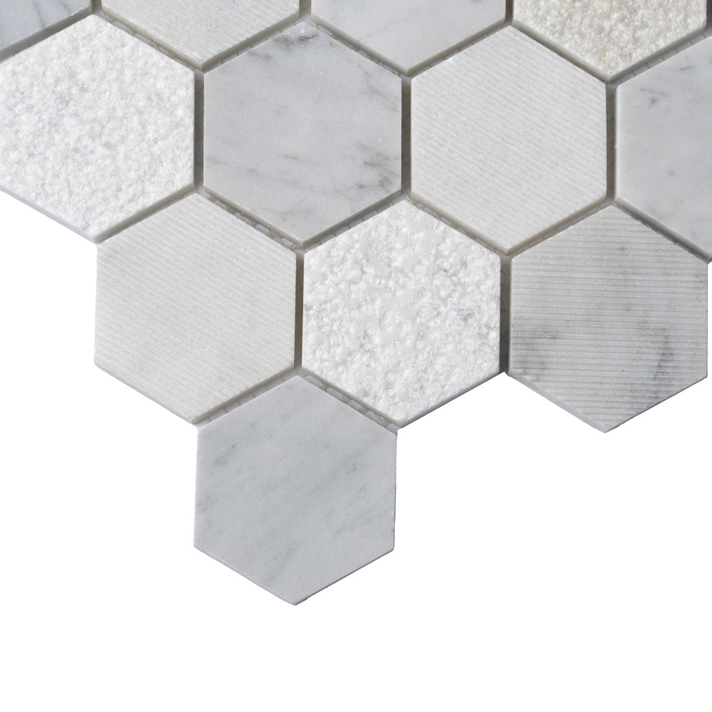 White 12x12 Polished Etched Hexagon Bianco Carrara Marble Mosaic Tile (5 pack, 4.92 sq ft/case)
