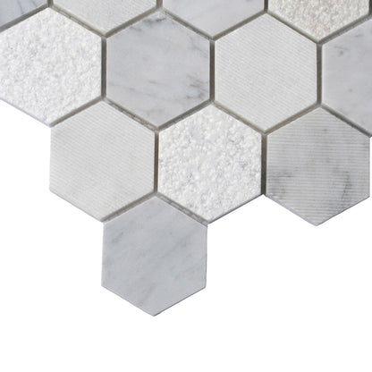 White 12x12 Polished Etched Hexagon Marble Mosaic Tile (5 pack, 4.92 sq ft/case) - Sample