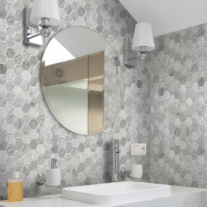 White 12x12 Polished Etched Hexagon Bianco Carrara Marble Mosaic Tile (5 pack, 4.92 sq ft/case)