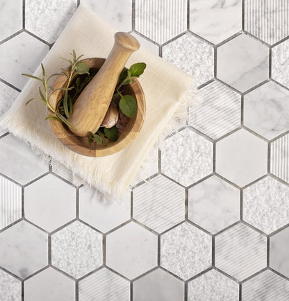 White 12x12 Polished Etched Hexagon Bianco Carrara Marble Mosaic Tile (5 pack, 4.92 sq ft/case)