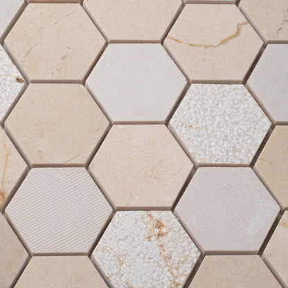 Beige 12x12 Hexagon Polished Etched Marble Mosaic Tile (5 pack, 4.92 sq ft/case) - Sample