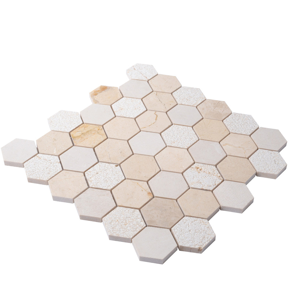Beige 12x12 Polished Etched Hexagon Crema Marfil Marble Mosaic Tile (5 pack, 4.92 sq ft/case)