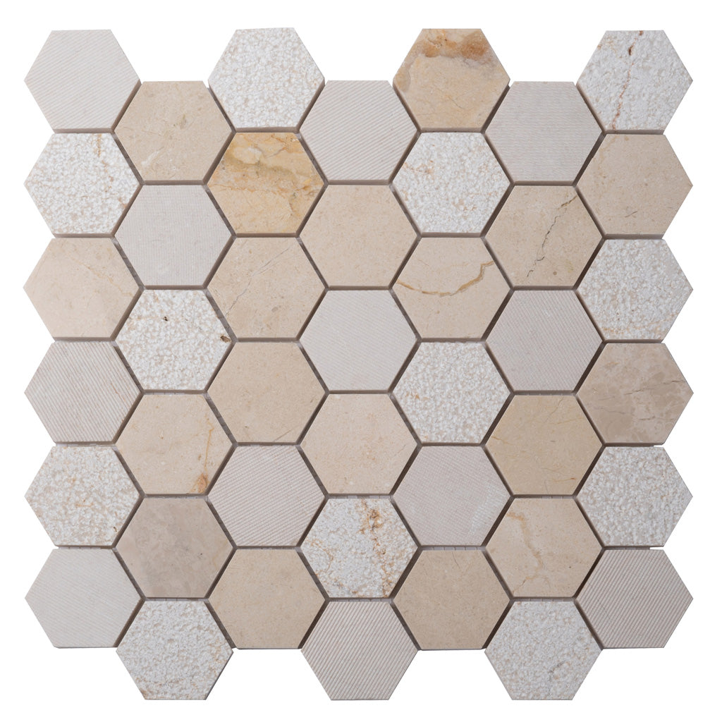 Beige 12x12 Polished Etched Hexagon Crema Marfil Marble Mosaic Tile (5 pack, 4.92 sq ft/case)