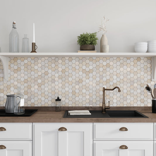 Beige 12x12 Polished Etched Hexagon Crema Marfil Marble Mosaic Tile (5 pack, 4.92 sq ft/case)