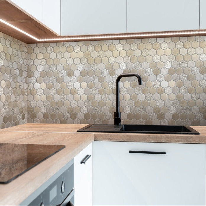 Beige 12x12 Hexagon Polished Etched Marble Mosaic Tile (5 pack, 4.92 sq ft/case) - Sample