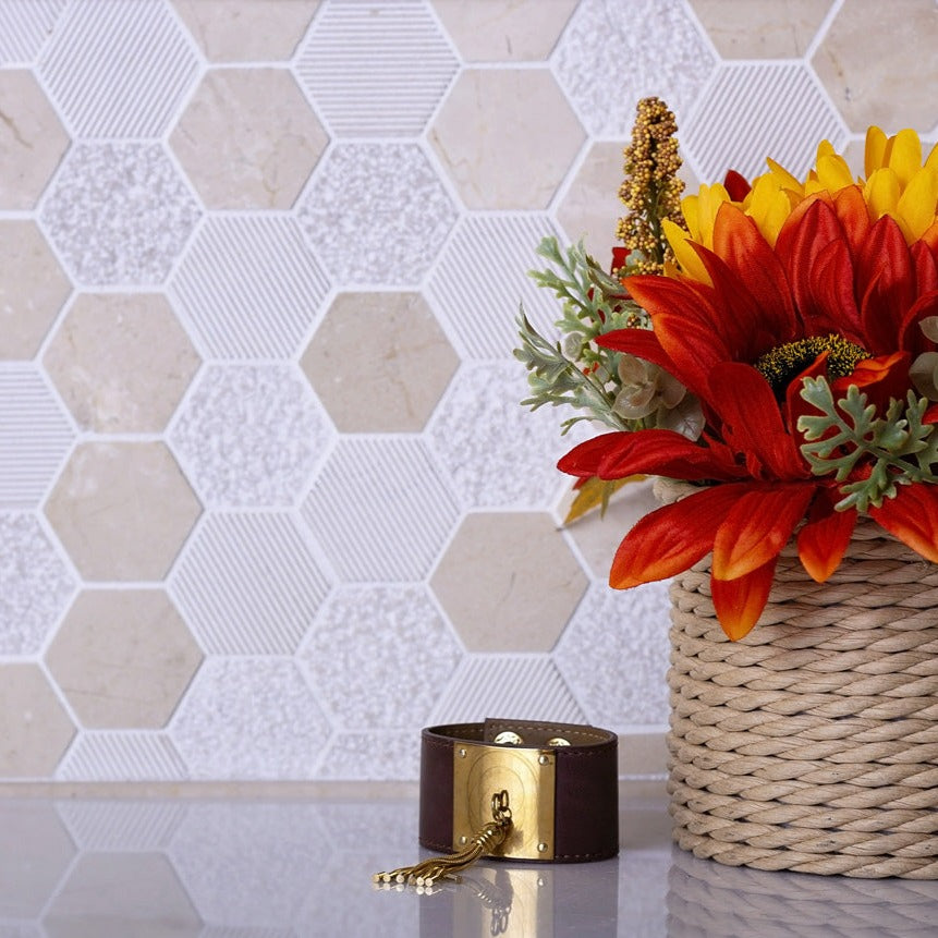 Beige 12x12 Polished Etched Hexagon Crema Marfil Marble Mosaic Tile (5 pack, 4.92 sq ft/case)
