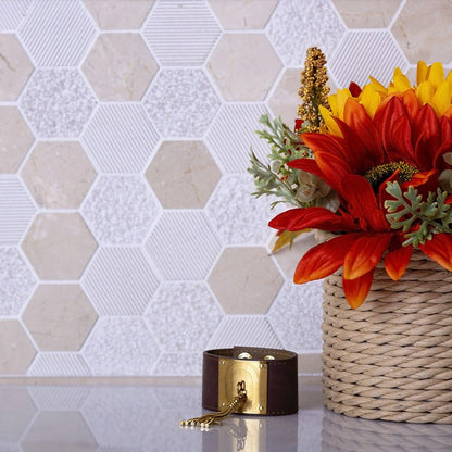 Beige 12x12 Polished Etched Hexagon Crema Marfil Marble Mosaic Tile (5 pack, 4.92 sq ft/case)