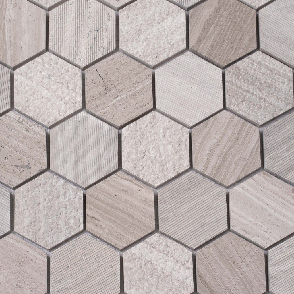 Wooden Grey 12x12 Etched Polished Hexagon Marble Mosaic Tile (5 pack, 4.92 sq ft/case)