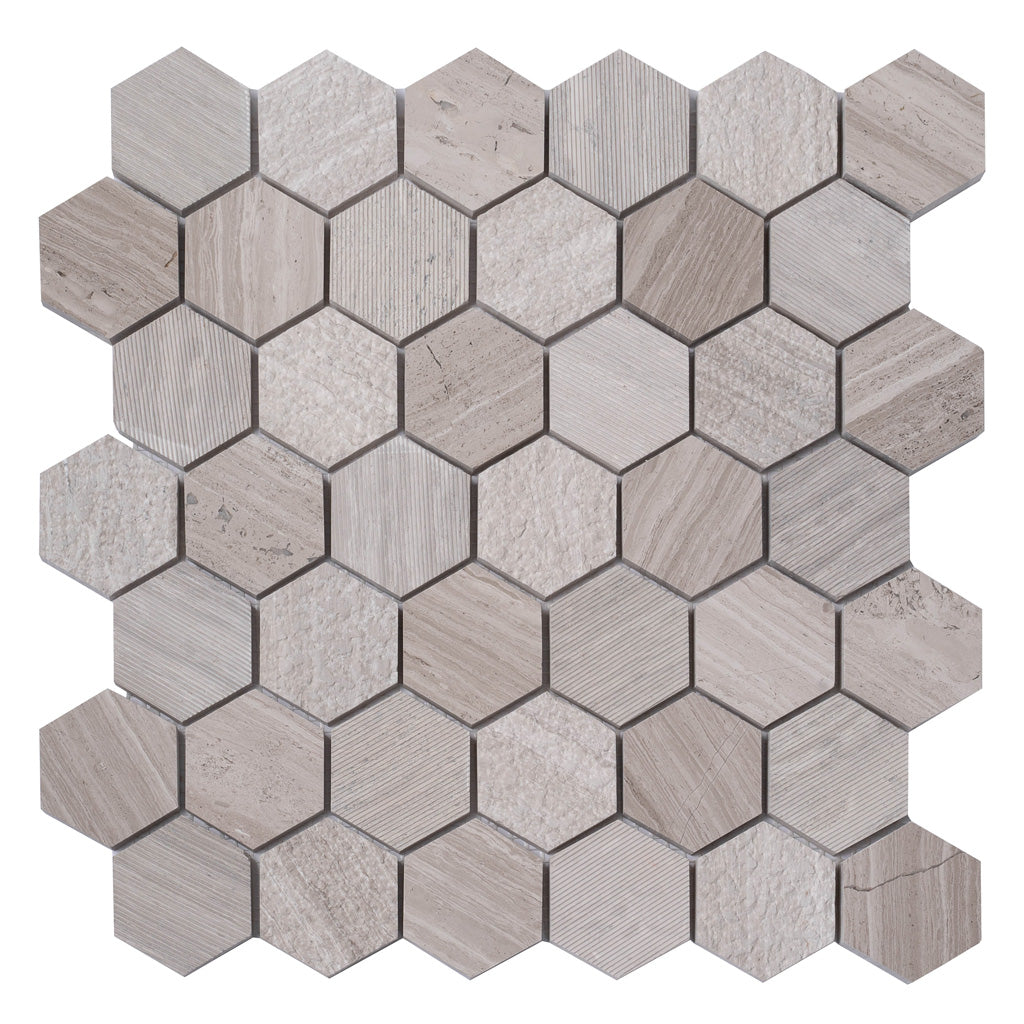 Wooden Grey 12x12 Etched Polished Hexagon Marble Mosaic Tile (5 pack, 4.92 sq ft/case)