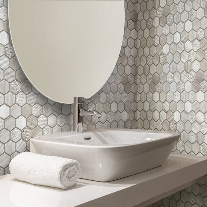 Wooden Grey 12x12 Etched Polished Hexagon Marble Mosaic Tile (5 pack, 4.92 sq ft/case)