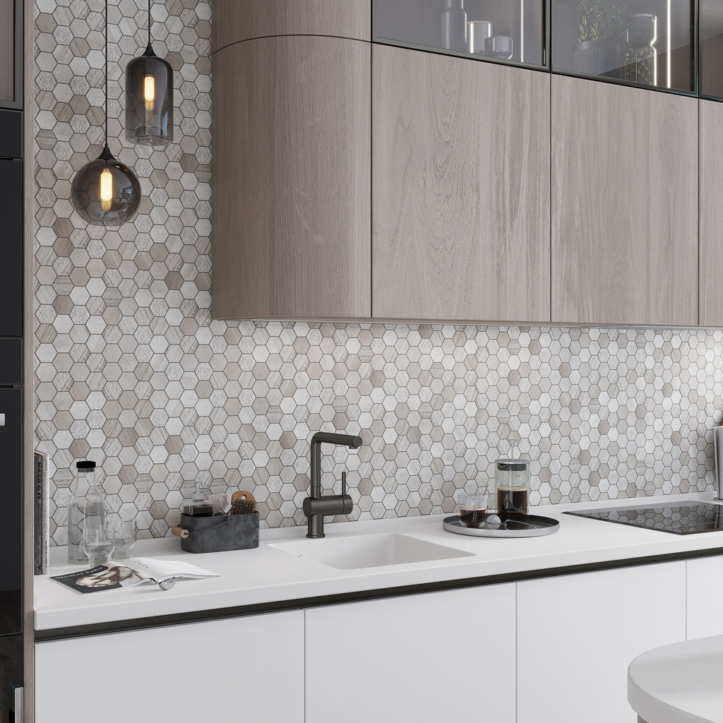 Gray 12x12 Hexagon Polished Etched Marble Mosaic Tile (5 pack, 4.92 sq ft/case) - Sample