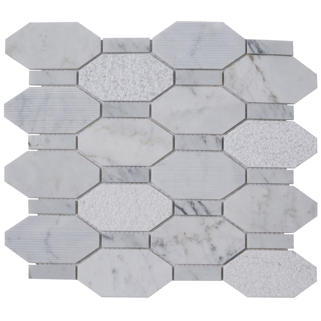 White 11x12 Polished Etched Hexagon Bianco Carrara Marble Mosaic Tile (5 pack, 4.66 sq ft/case)