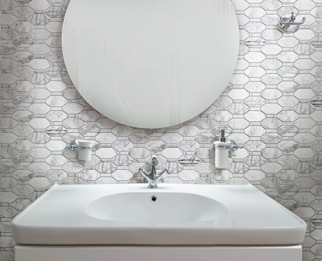 White 11x12 Polished Etched Hexagon Bianco Carrara Marble Mosaic Tile (5 pack, 4.66 sq ft/case)