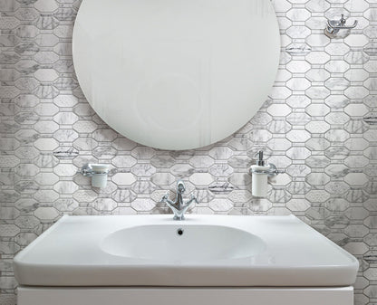 White 11x12 Polished Etched Hexagon Marble Mosaic Tile (5 pack, 4.66 sq ft/case) - Sample