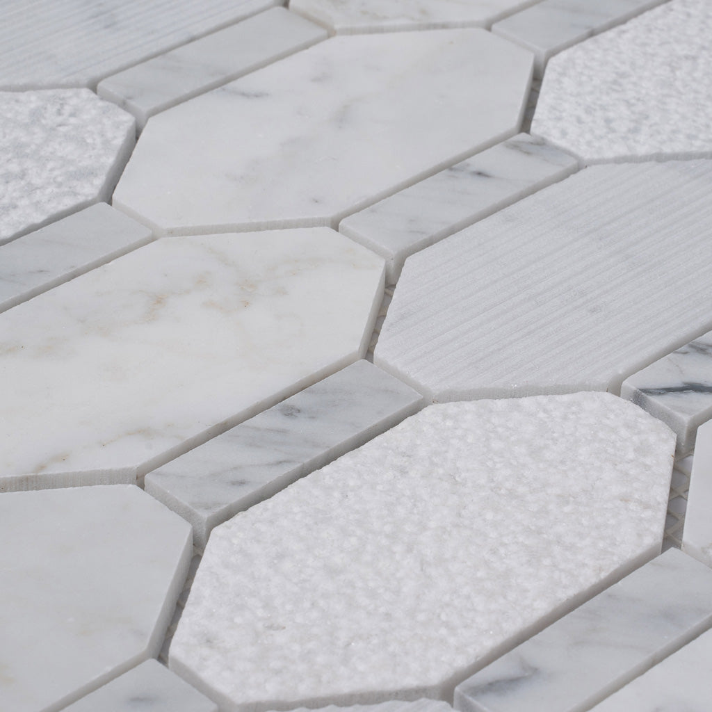 White 11x12 Polished Etched Hexagon Bianco Carrara Marble Mosaic Tile (5 pack, 4.66 sq ft/case)