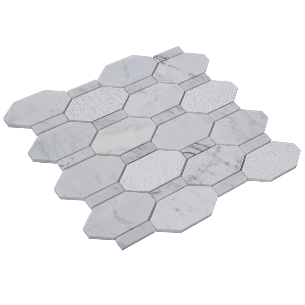 White 11x12 Polished Etched Hexagon Marble Mosaic Tile (5 pack, 4.66 sq ft/case) - Sample