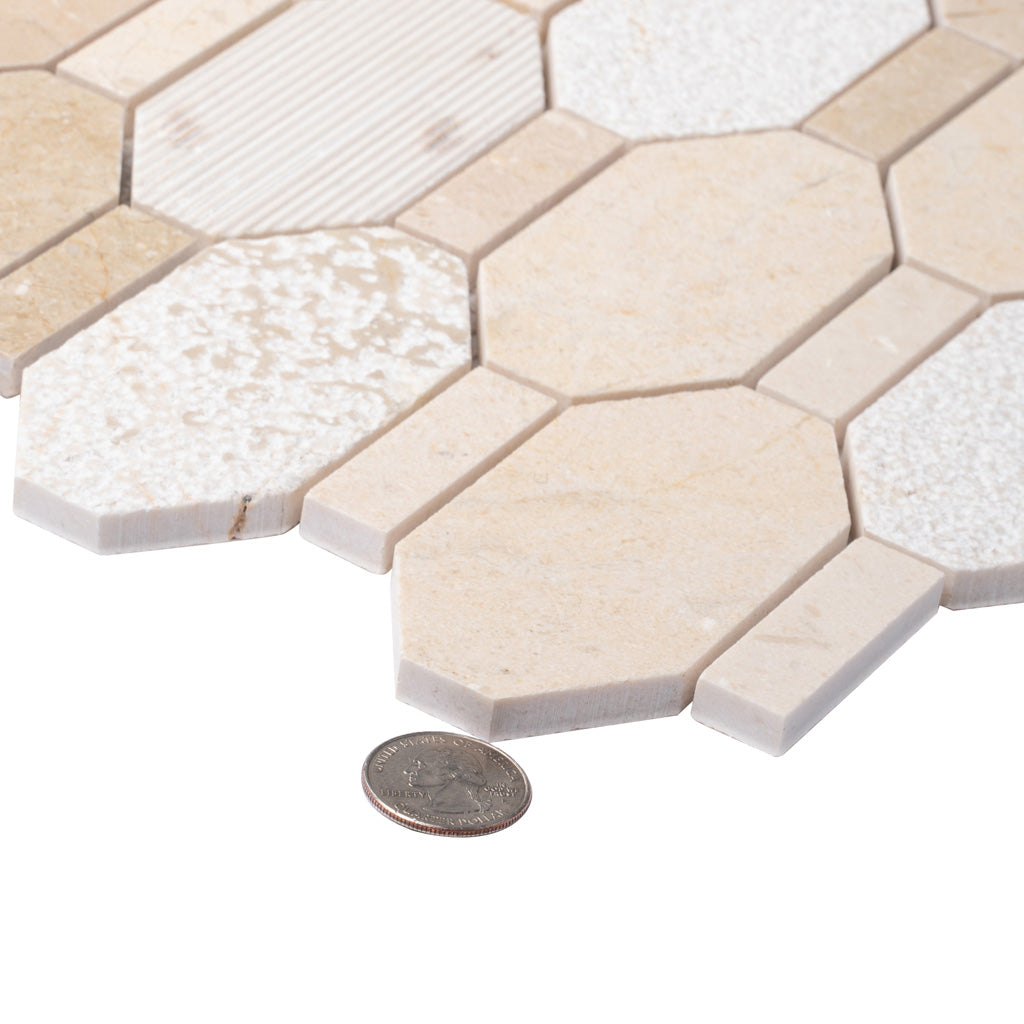 Beige 11x12 Polished Etched Hexagon Crema Marfil Marble Mosaic Tile (5 pack, 4.66 sq ft/case)