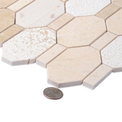 Beige 11x12 Polished Etched Hexagon Crema Marfil Marble Mosaic Tile (5 pack, 4.66 sq ft/case)