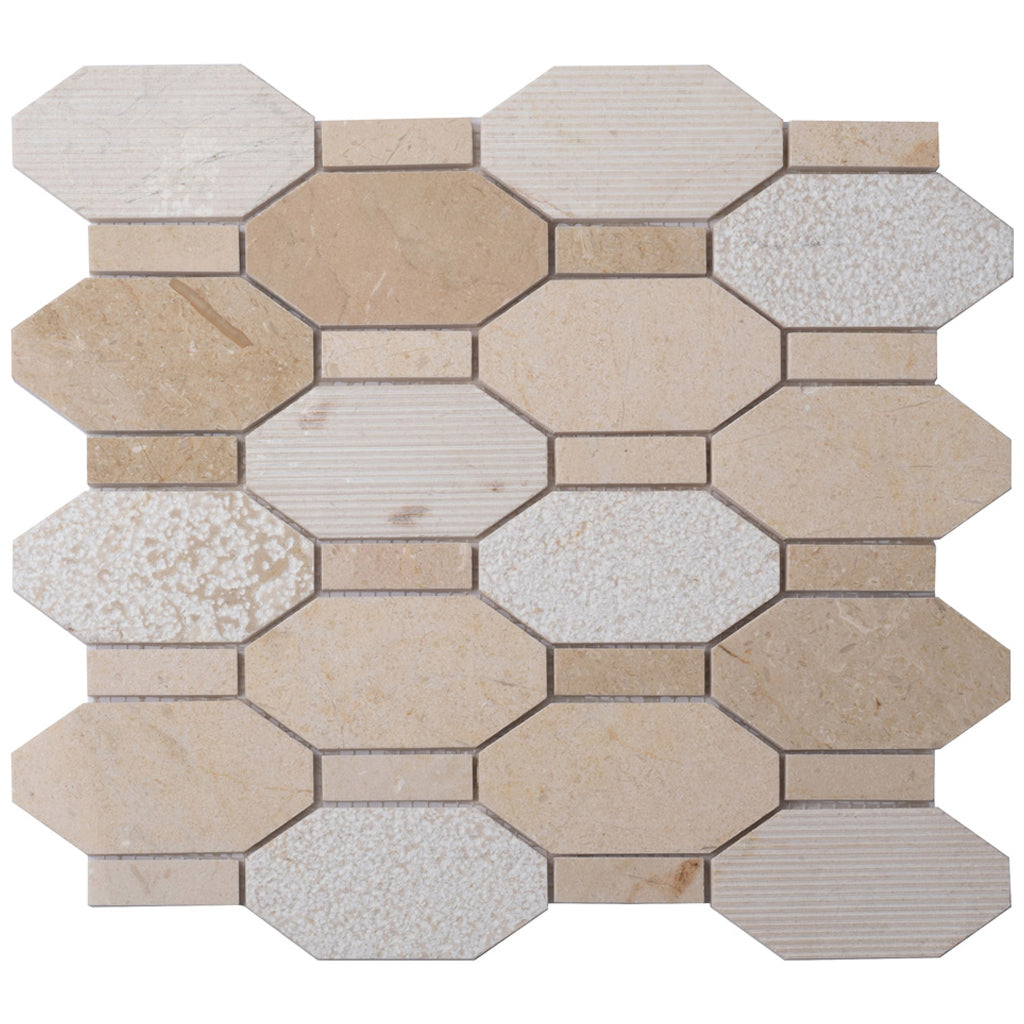 Beige 11x12 Polished Etched Hexagon Crema Marfil Marble Mosaic Tile (5 pack, 4.66 sq ft/case)