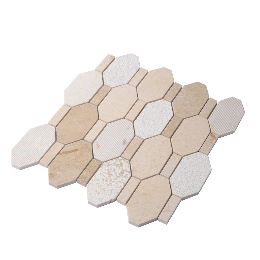 Beige 11x12 Polished Etched Hexagon Crema Marfil Marble Mosaic Tile (5 pack, 4.66 sq ft/case)