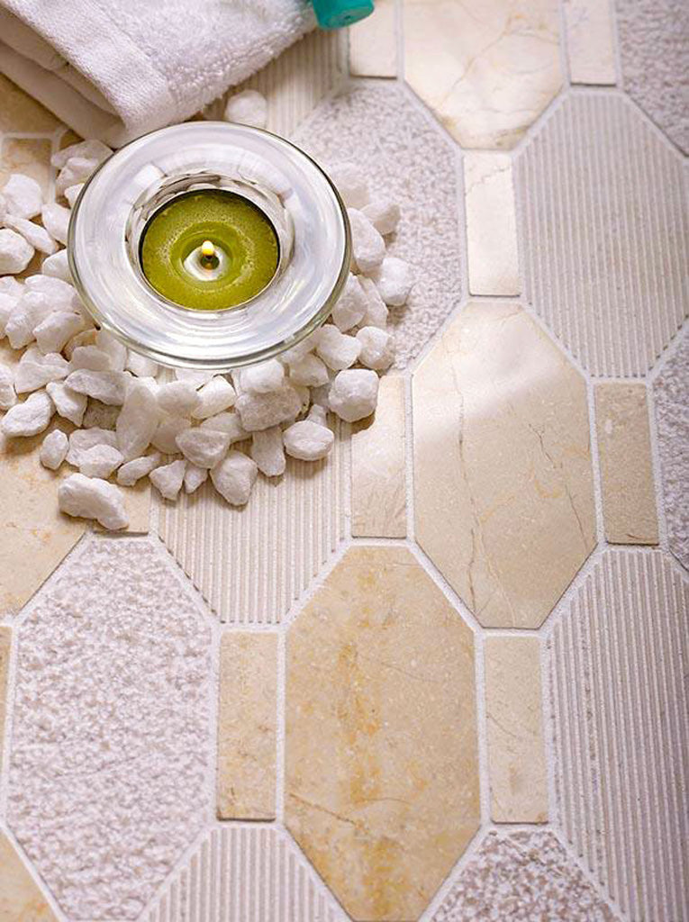 Beige 11x12 Polished Etched Hexagon Crema Marfil Marble Mosaic Tile (5 pack, 4.66 sq ft/case)
