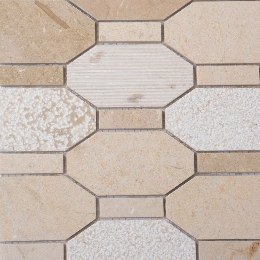 Beige 11x12 Polished Etched Hexagon Crema Marfil Marble Mosaic Tile (5 pack, 4.66 sq ft/case)