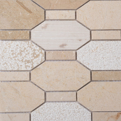 Beige 11x12 Polished Etched Hexagon Crema Marfil Marble Mosaic Tile (5 pack, 4.66 sq ft/case)