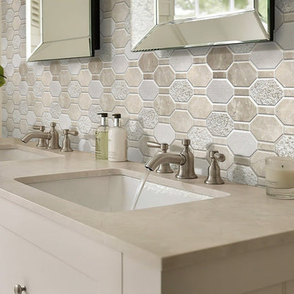 Beige 11x12 Polished Etched Hexagon Crema Marfil Marble Mosaic Tile (5 pack, 4.66 sq ft/case)
