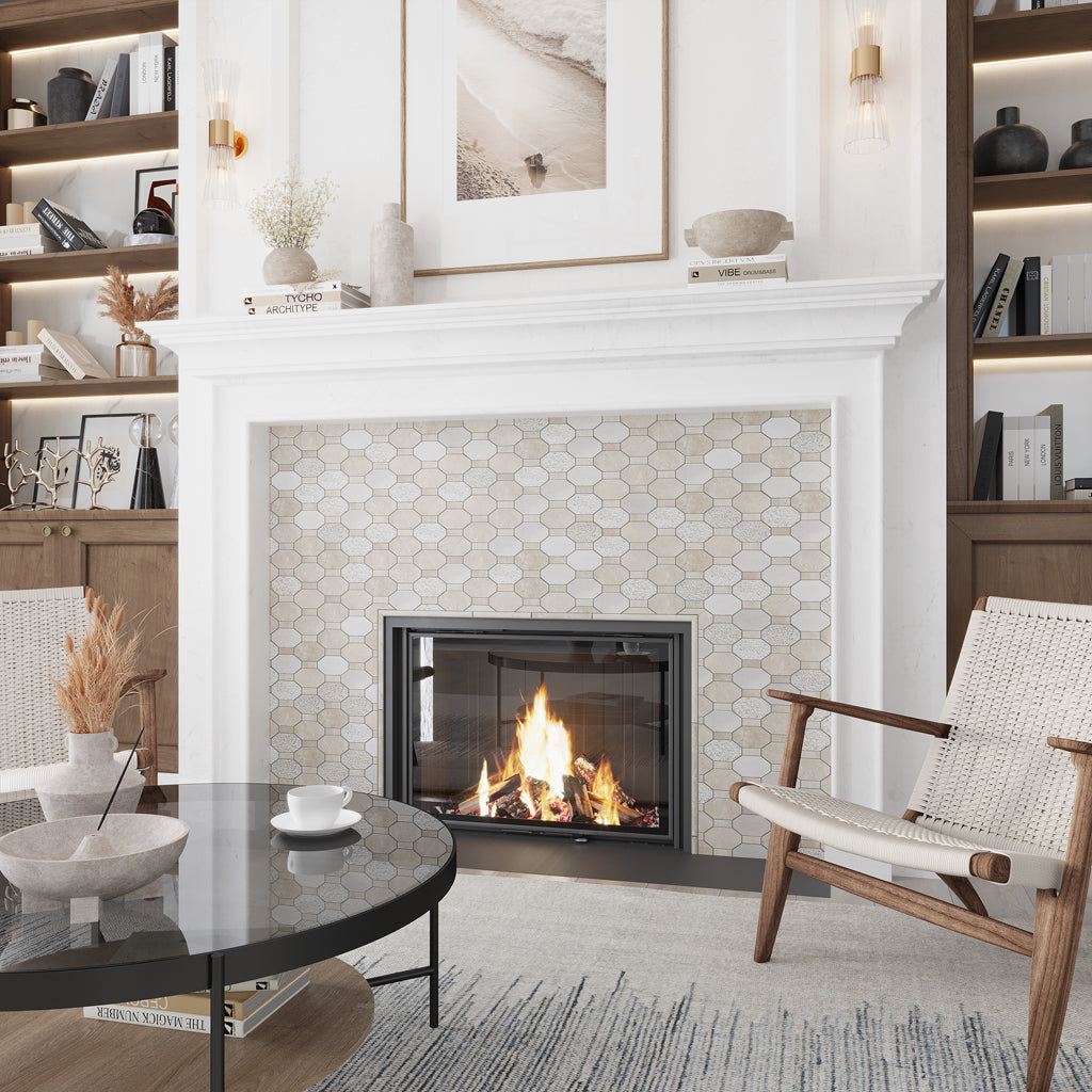 Beige 11x12 Polished Etched Hexagon Crema Marfil Marble Mosaic Tile (5 pack, 4.66 sq ft/case)