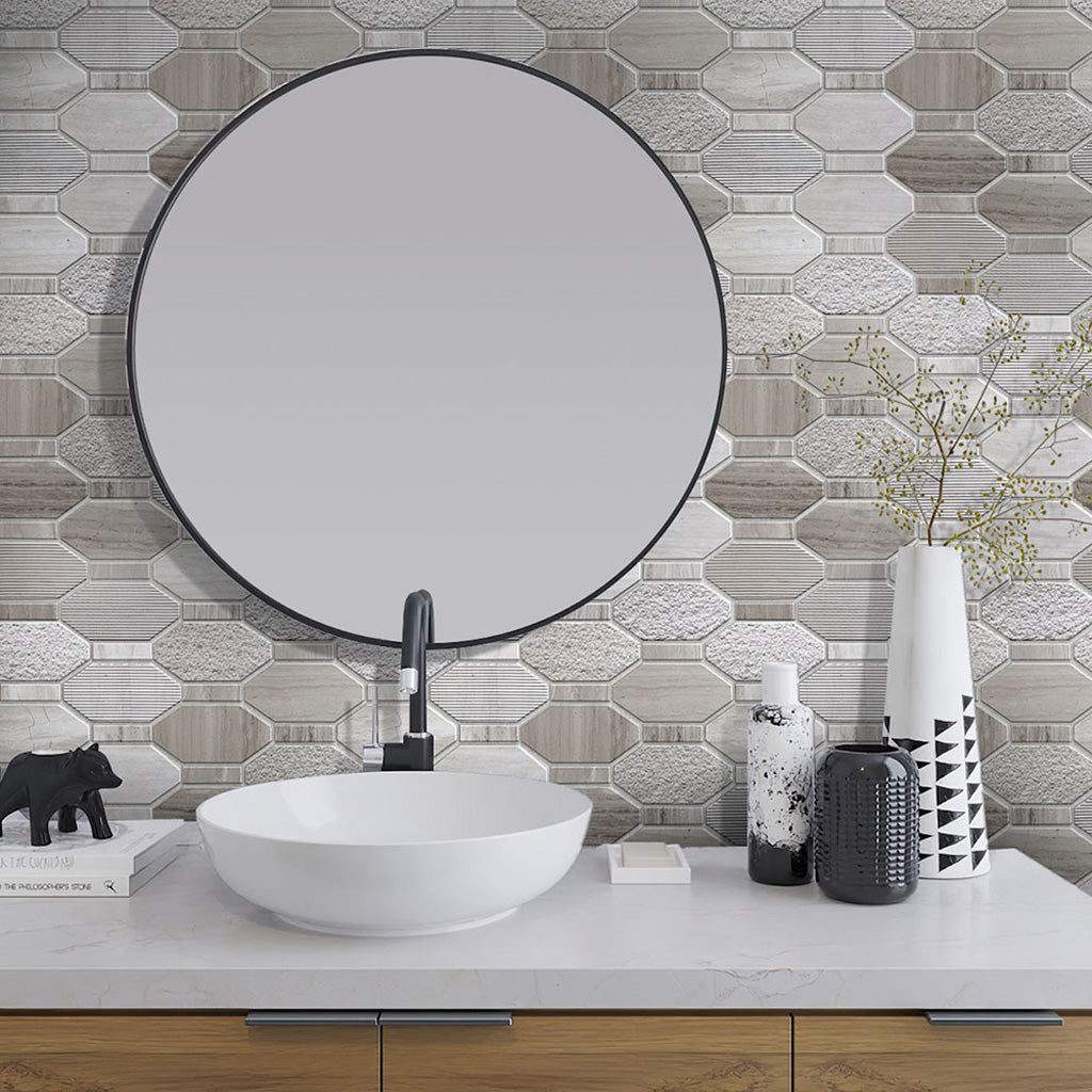Wooden Grey 11x12 Polished Etched Hexagon Marble Mosaic Tile (5 pack, 4.66 sq ft/case)