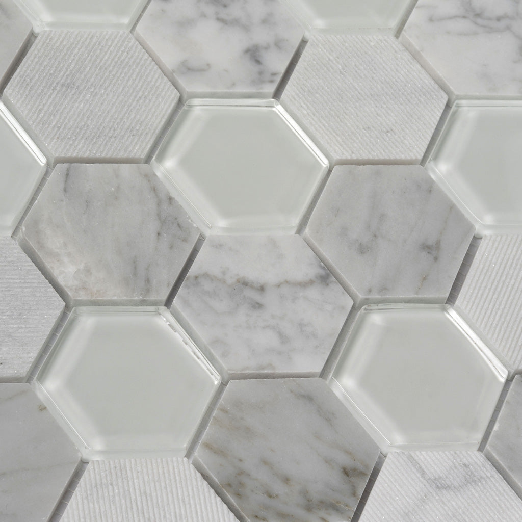 White 12x12 Polished Etched Hexagon Bianco Carrara Glass Marble Mosaic Tile (5 pack, 4.92 sq ft/case)