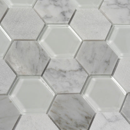 White 12x12 Polished Etched Hexagon Glass Marble Mosaic Tile (5 pack, 4.92 sq ft/case) - Sample