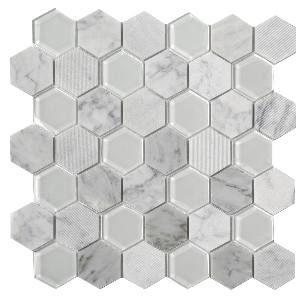 White 12x12 Polished Etched Hexagon Bianco Carrara Glass Marble Mosaic Tile (5 pack, 4.92 sq ft/case)