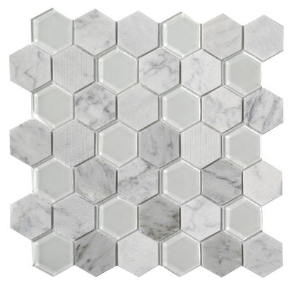 White 12x12 Polished Etched Hexagon Glass Marble Mosaic Tile (5 pack, 4.92 sq ft/case) - Sample