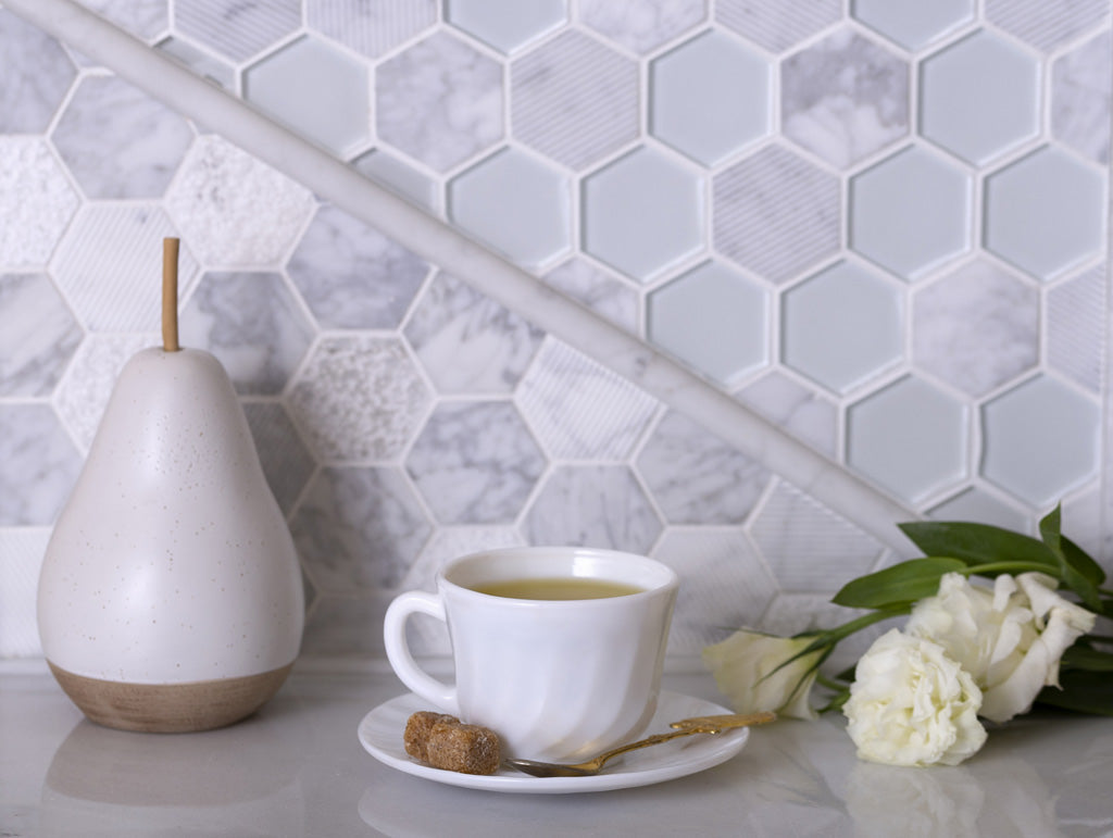 White 12x12 Polished Etched Hexagon Bianco Carrara Glass Marble Mosaic Tile (5 pack, 4.92 sq ft/case)
