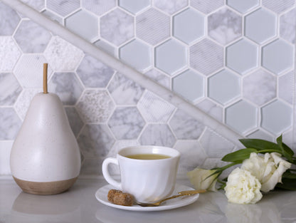 White 12x12 Polished Etched Hexagon Glass Marble Mosaic Tile (5 pack, 4.92 sq ft/case) - Sample