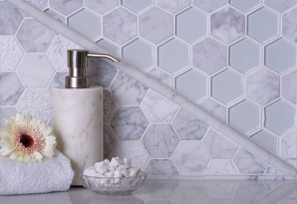 White 12x12 Polished Etched Hexagon Glass Marble Mosaic Tile (5 pack, 4.92 sq ft/case) - Sample