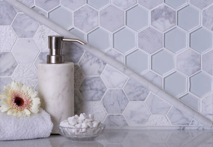 White 12x12 Polished Etched Hexagon Glass Marble Mosaic Tile (5 pack, 4.92 sq ft/case) - Sample