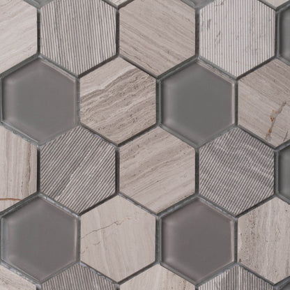 Gray 12x12 Polished Etched Hexagon Glass Marble Mosaic Tile (5 pack, 4.92 sq ft/case) - Sample