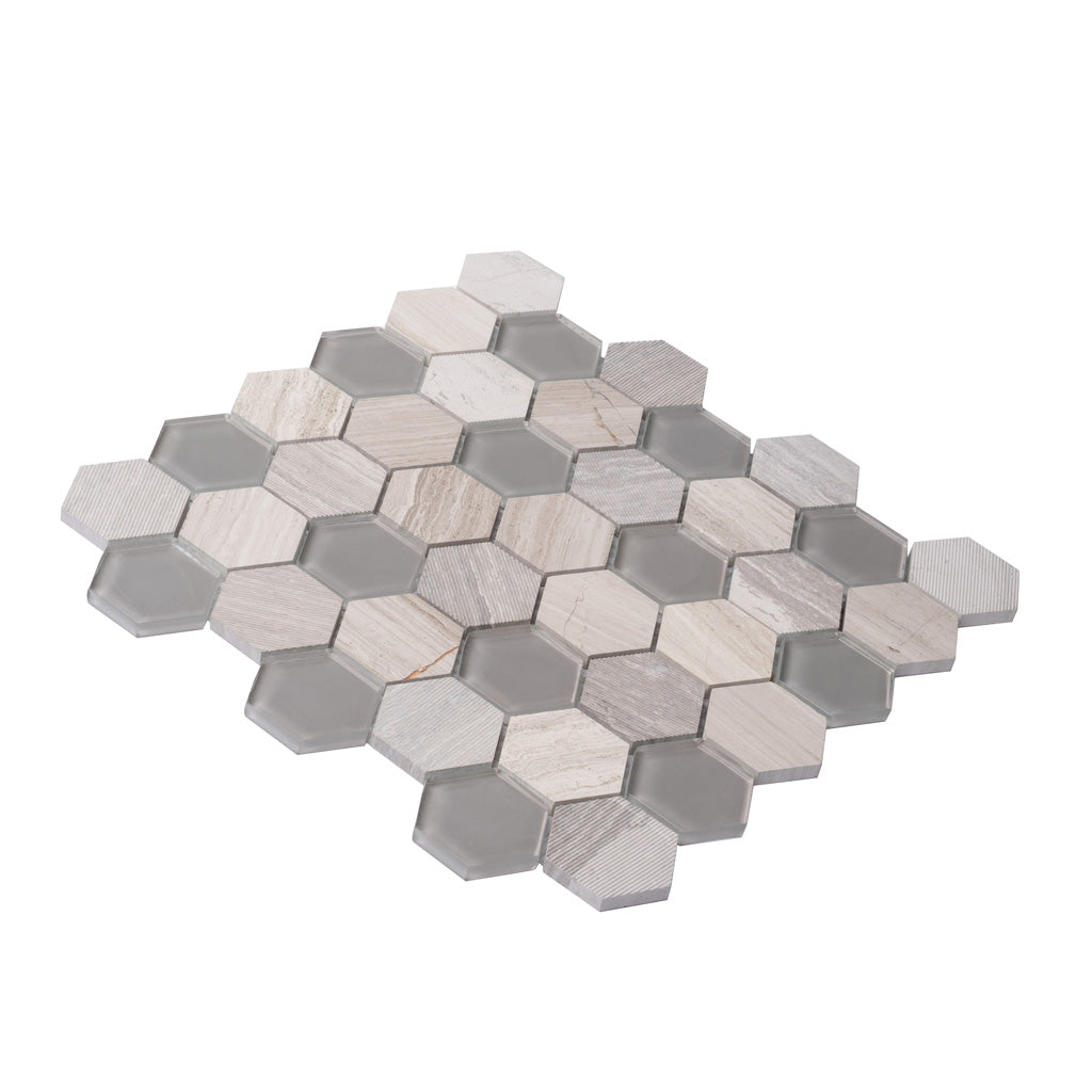 Wooden Grey Glass 12x12 Polished Etched Hexagon Marble Mosaic Tile (5 pack, 4.92 sq ft/case)