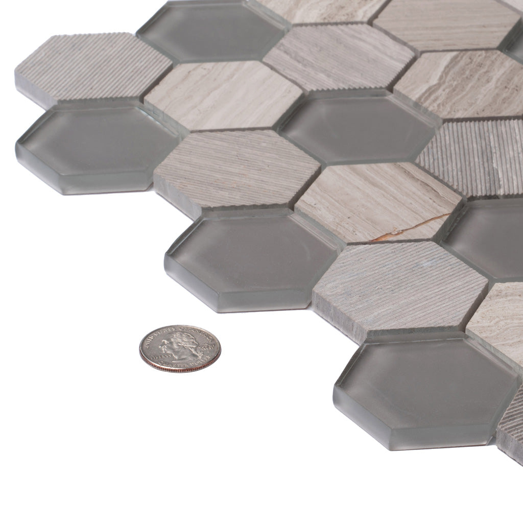 Gray 12x12 Polished Etched Hexagon Glass Marble Mosaic Tile (5 pack, 4.92 sq ft/case) - Sample
