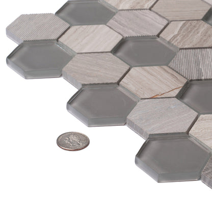 Gray 12x12 Polished Etched Hexagon Glass Marble Mosaic Tile (5 pack, 4.92 sq ft/case) - Sample