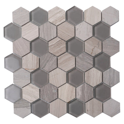 Wooden Grey Glass 12x12 Polished Etched Hexagon Marble Mosaic Tile (5 pack, 4.92 sq ft/case)