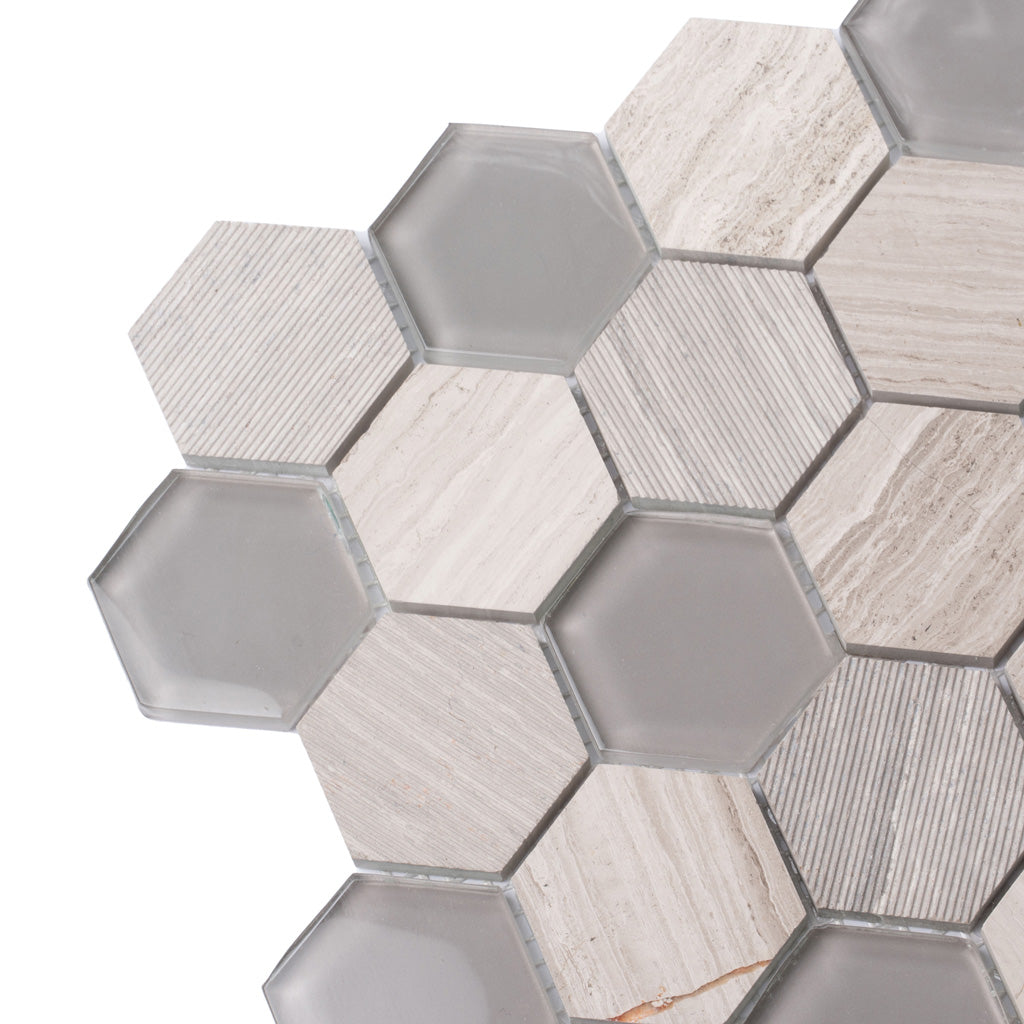 Wooden Grey Glass 12x12 Polished Etched Hexagon Marble Mosaic Tile (5 pack, 4.92 sq ft/case)