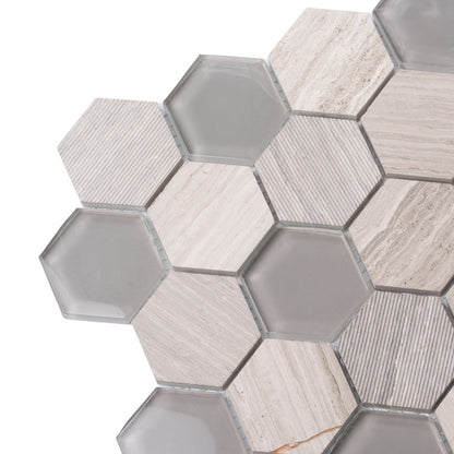 Wooden Grey Glass 12x12 Polished Etched Hexagon Marble Mosaic Tile (5 pack, 4.92 sq ft/case)