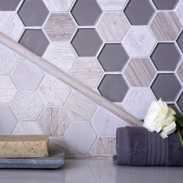 Wooden Grey Glass 12x12 Polished Etched Hexagon Marble Mosaic Tile (5 pack, 4.92 sq ft/case)