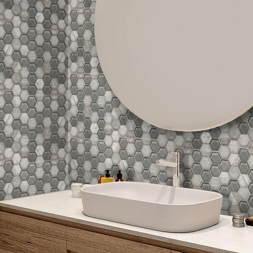 Gray 12x12 Polished Etched Hexagon Glass Marble Mosaic Tile (5 pack, 4.92 sq ft/case) - Sample