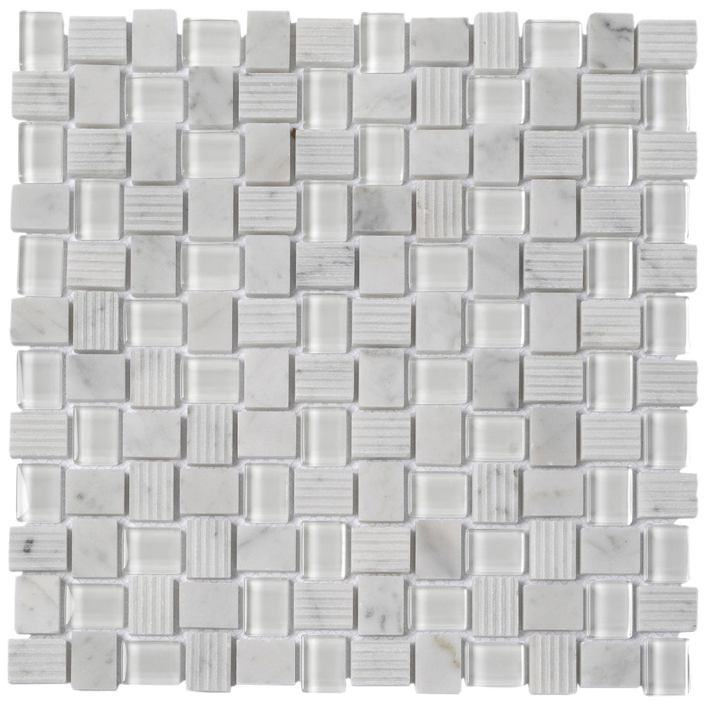 White 12x12 Polished Etched Brick Bianco Carrara Glass Marble Mosaic Tile (5 pack, 4.83 sq ft/case)