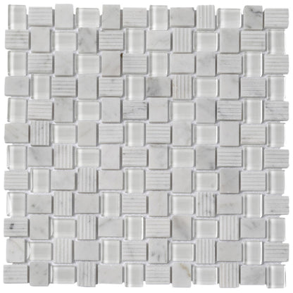 White 12x12 Polished Etched Brick Glass Marble Mosaic Tile (5 pack, 4.83 sq ft/case) - Sample